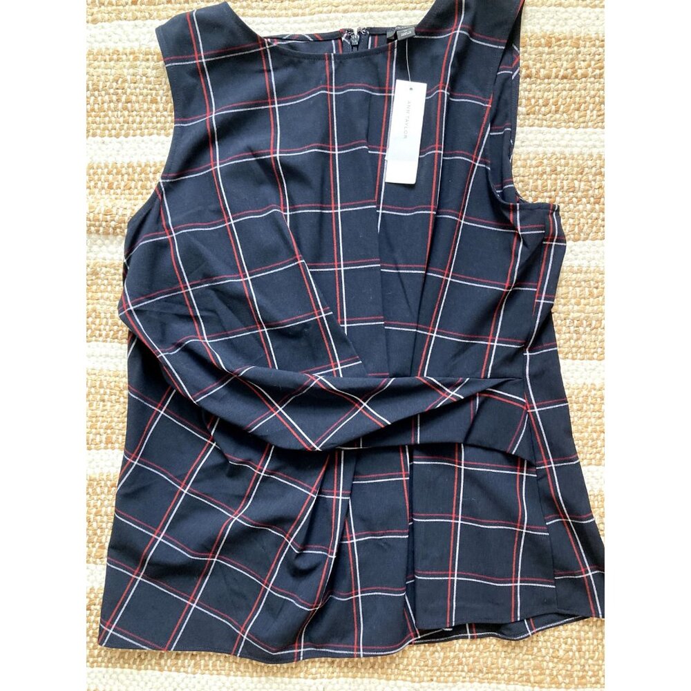 NWT Ann Taylor Sleeveless Navy Red White Sleeveless Plaid Top Shirt Size 14